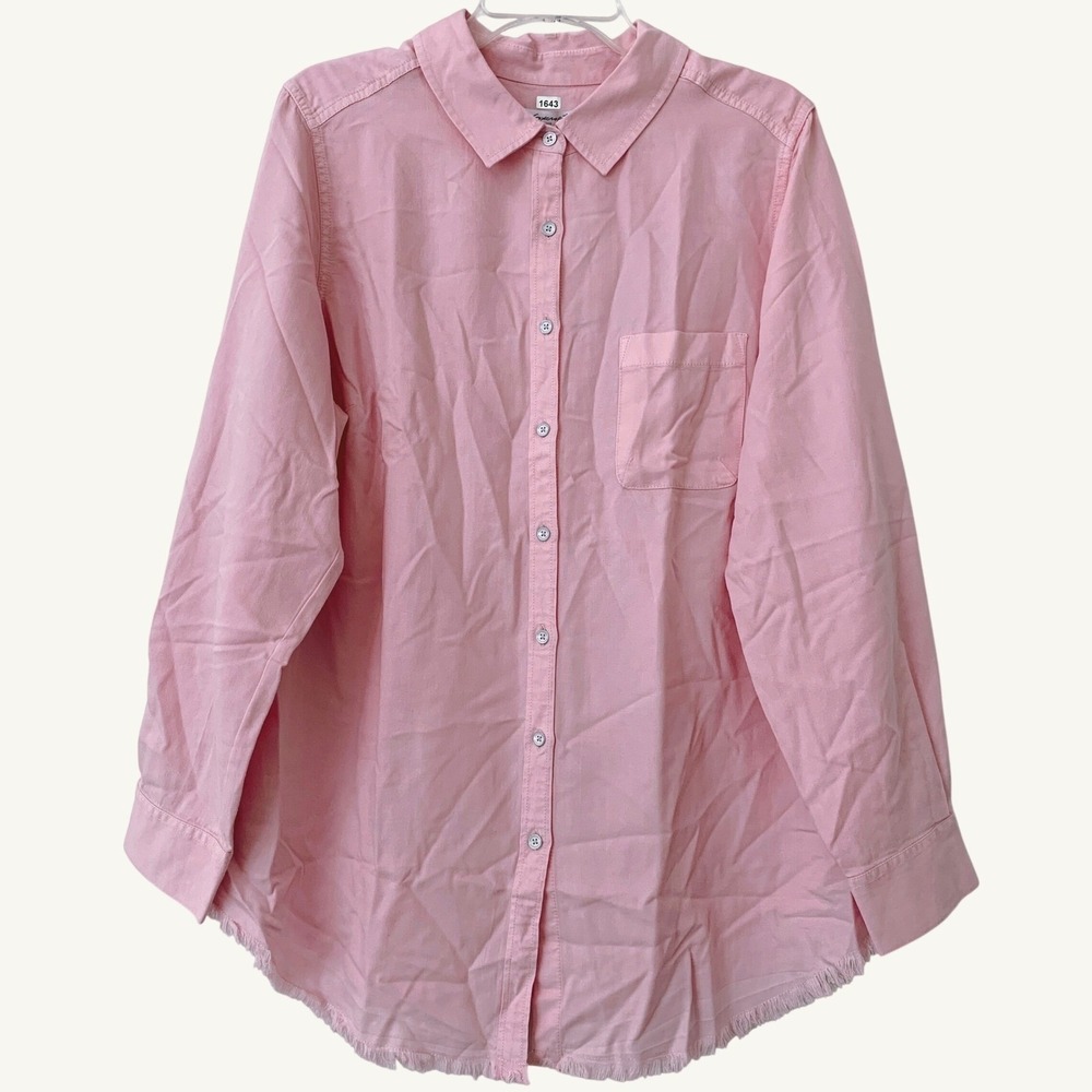 NWT Foxcroft NYC Long Sleeve Shirt Women 18W Pink Parade Raw Fringe Hem Tencel